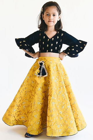 Yellow Embroidered Lehenga Set For Girls by Fayon Kids