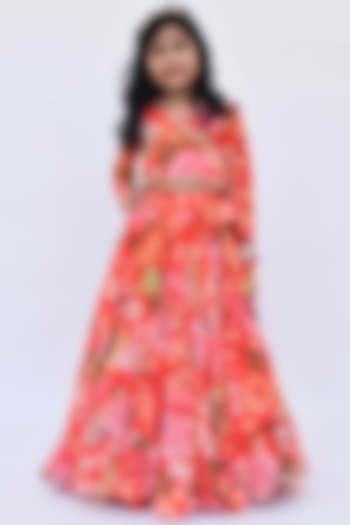 Red Floral Printed Lehenga Set For Girls by Fayon Kids