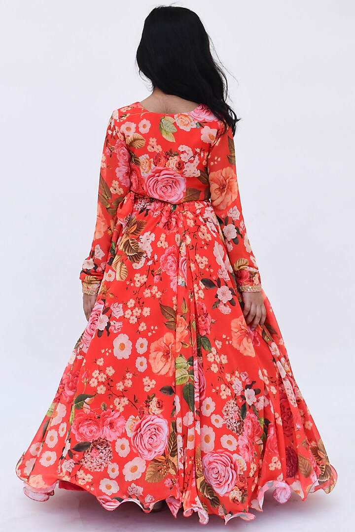 Red Floral Printed Lehenga Set For Girls by Fayon Kids at Pernia's Pop Up Shop