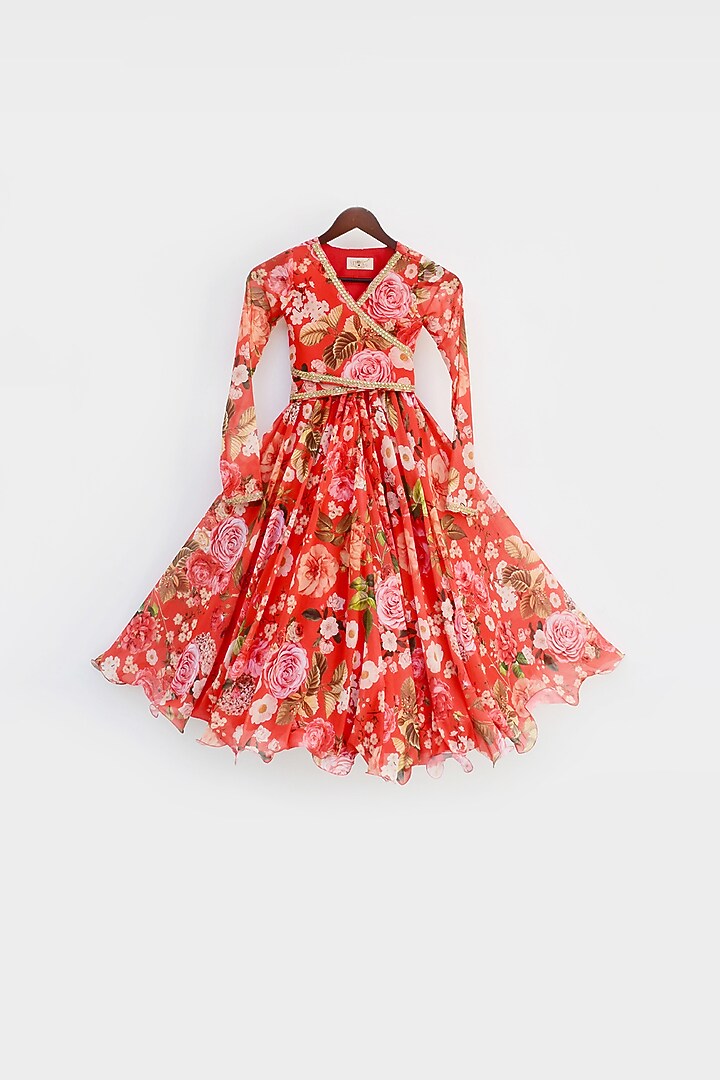Red Floral Printed Lehenga Set For Girls by Fayon Kids at Pernia's Pop Up Shop