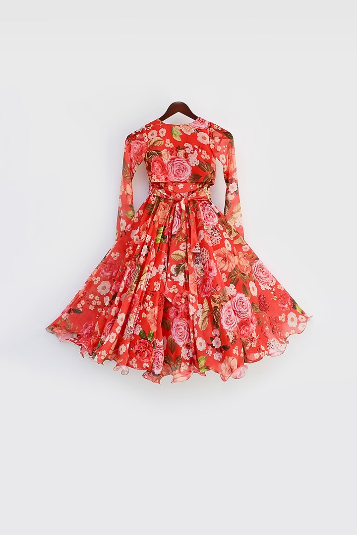 Red Floral Printed Lehenga Set For Girls by Fayon Kids at Pernia's Pop Up Shop