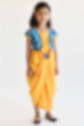 Yellow & Blue Georgette Dhoti Jumpsuit For Girls by Fayon Kids