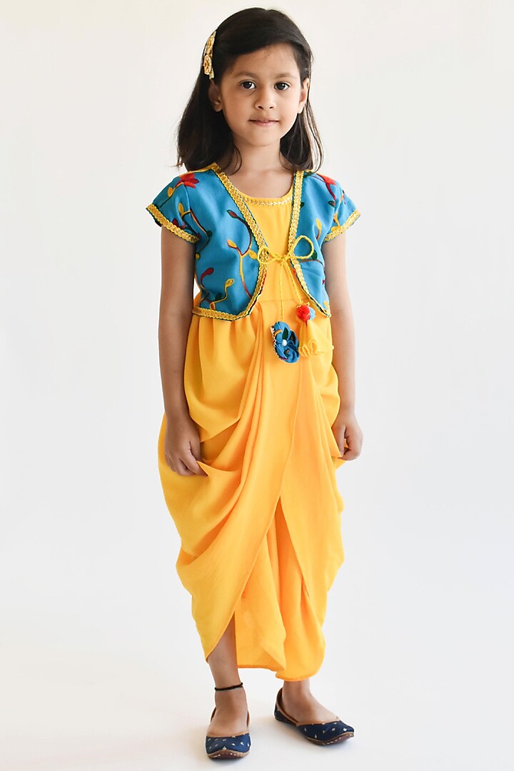 Yellow & Blue Georgette Dhoti Jumpsuit For Girls by Fayon Kids