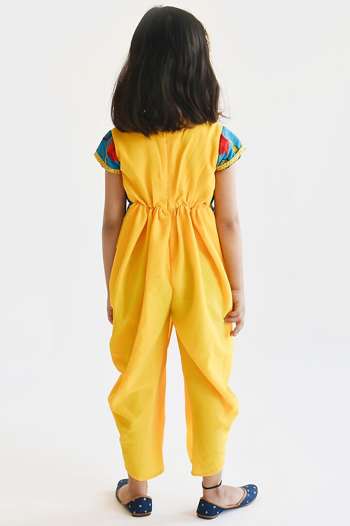 Yellow & Blue Georgette Dhoti Jumpsuit For Girls by Fayon Kids at Pernia's Pop Up Shop