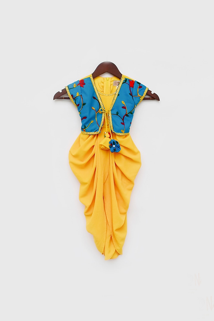 Yellow & Blue Georgette Dhoti Jumpsuit For Girls by Fayon Kids at Pernia's Pop Up Shop