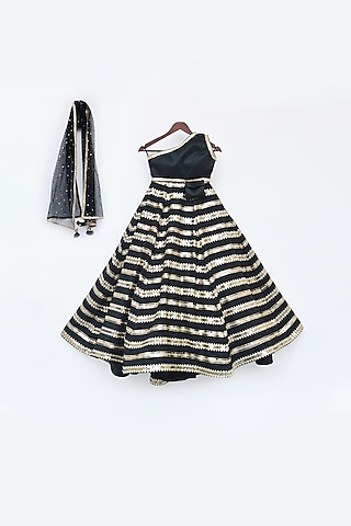 Black Silk Striped Lehenga Set For Girls by Fayon Kids