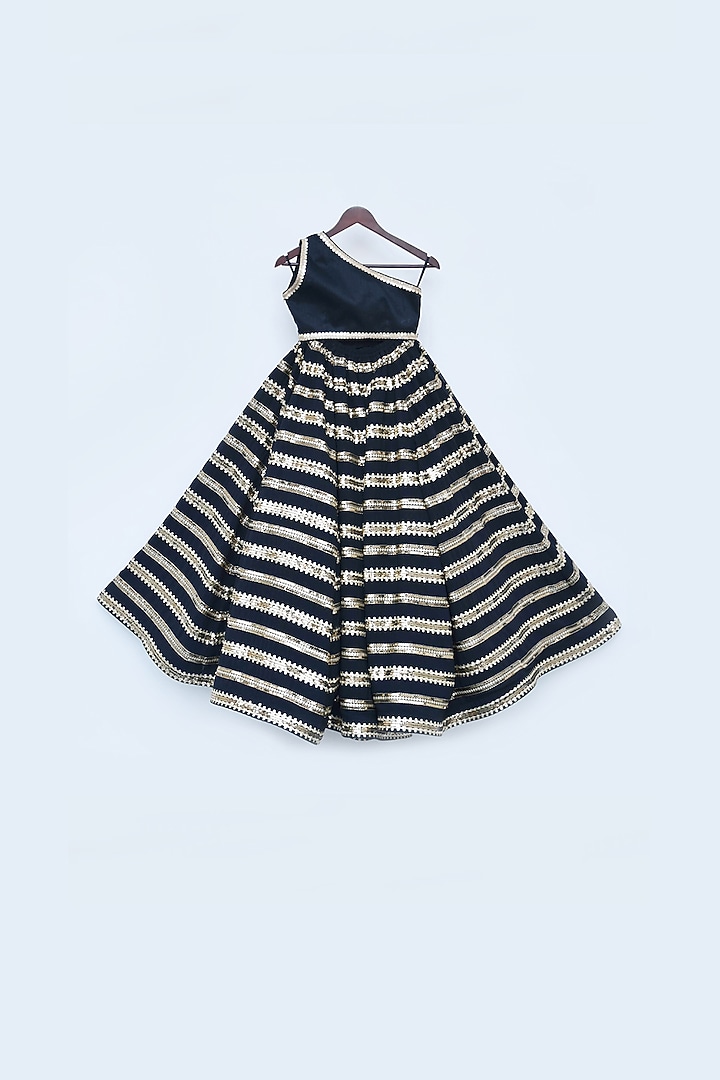 Black Silk Striped Lehenga Set For Girls by Fayon Kids at Pernia's Pop Up Shop