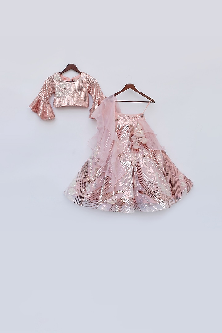 Peach Sequins Lehenga Set For Girls by Fayon Kids at Pernia's Pop Up Shop