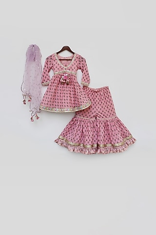 Pink Cotton Printed Sharara Set For Girls by Fayon Kids
