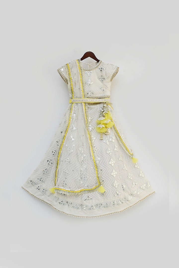 Off-White Embroidered Lehenga Set For Girls by Fayon Kids