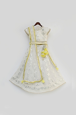 Off-White Cotton Gota Embroidered Lehenga Set For Girls  by Fayon Kids