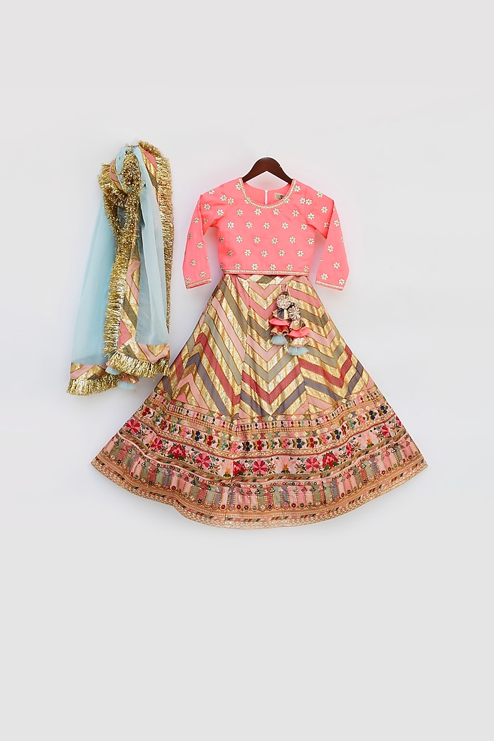 Multi-Colored Silk Embroidered Lehenga Set For Girls by Fayon Kids