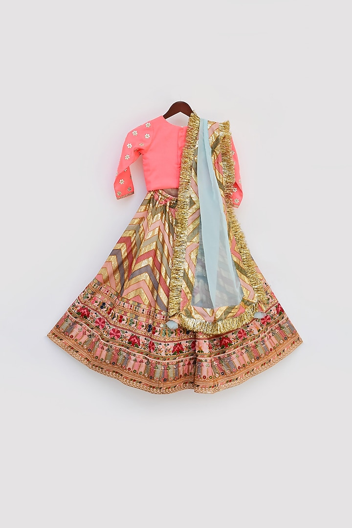 Multi-Colored Silk Embroidered Lehenga Set For Girls by Fayon Kids at Pernia's Pop Up Shop