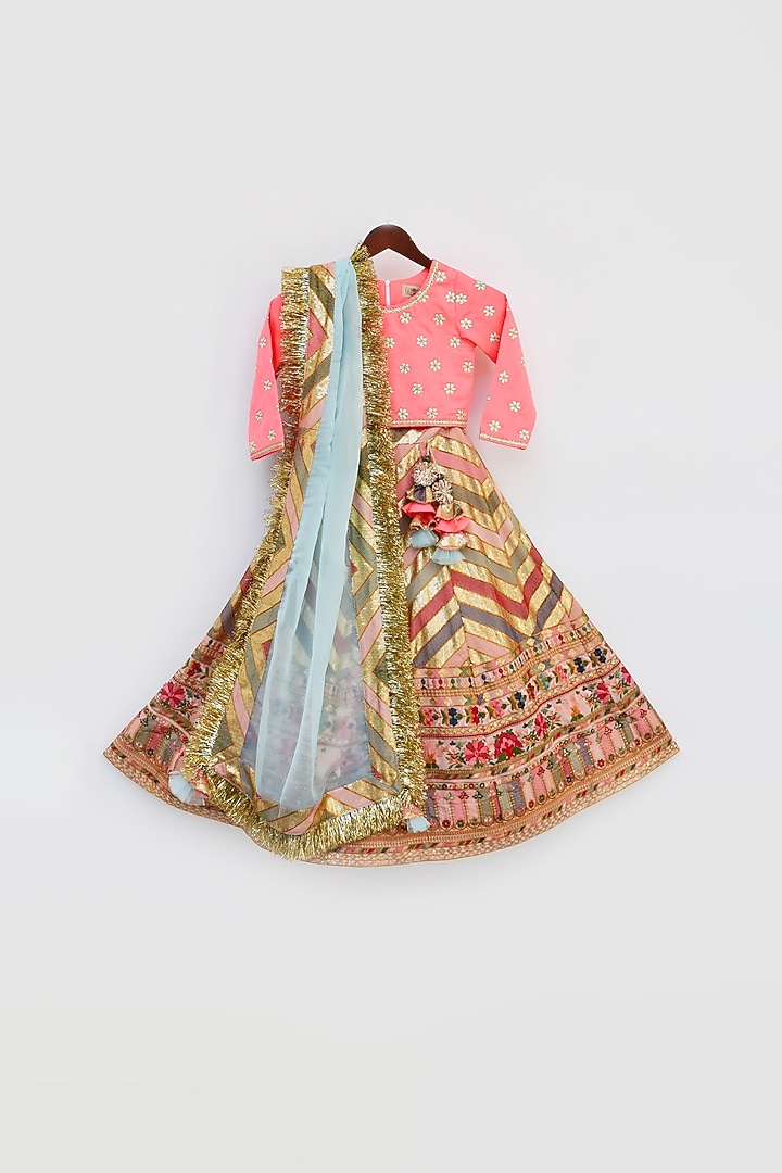 Multi-Colored Silk Embroidered Lehenga Set For Girls by Fayon Kids at Pernia's Pop Up Shop