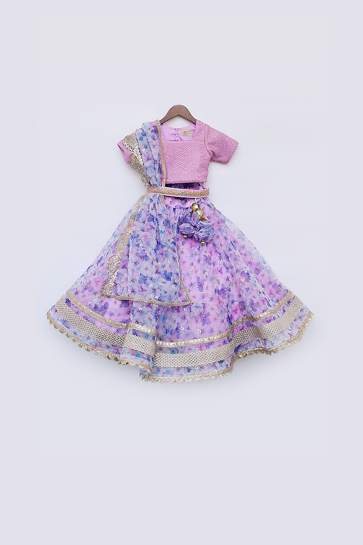 Lilac Floral Printed Lehenga Set For Girls by Fayon Kids