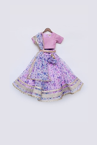Lilac Silk & Organza Floral Printed Lehenga Set For Girls  by Fayon Kids