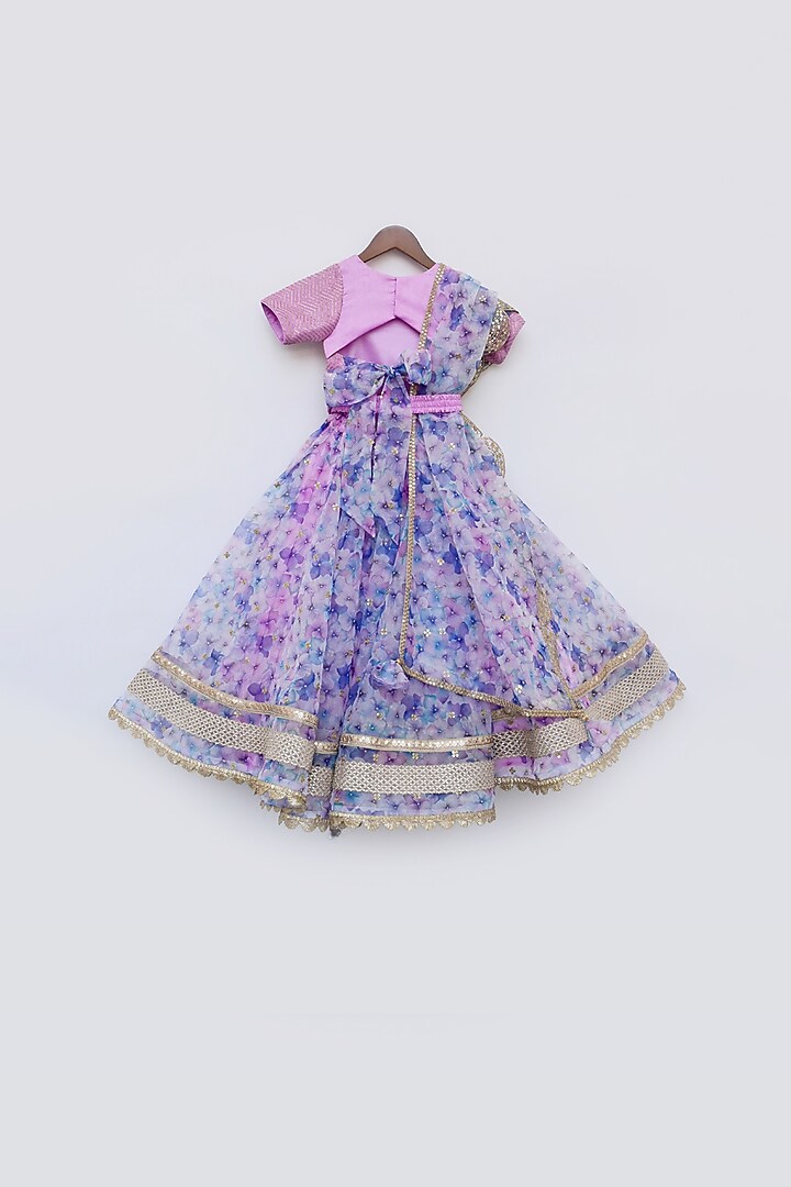 Lilac Silk & Organza Floral Printed Lehenga Set For Girls by Fayon Kids at Pernia's Pop Up Shop