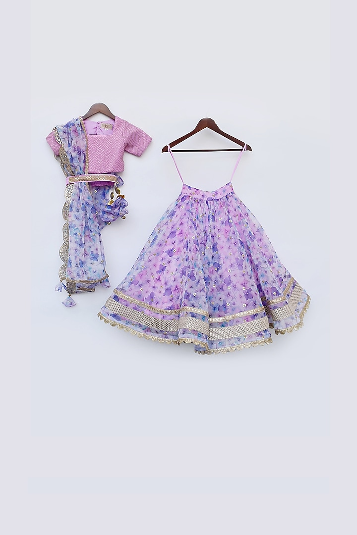 Lilac Silk & Organza Floral Printed Lehenga Set For Girls by Fayon Kids at Pernia's Pop Up Shop