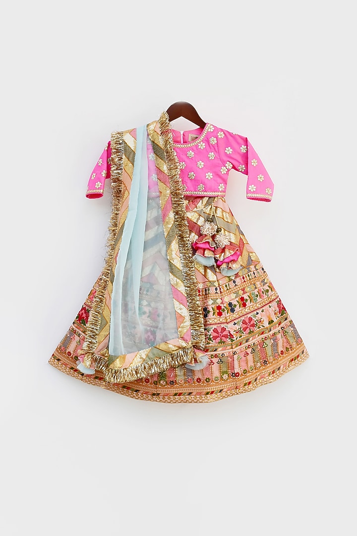 Multi-Colored Silk Embroidered Lehenga Set For Girls by Fayon Kids at Pernia's Pop Up Shop