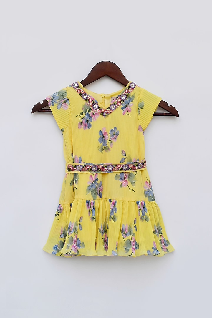 Yellow Georgette Printed Dress For Girls by Fayon Kids
