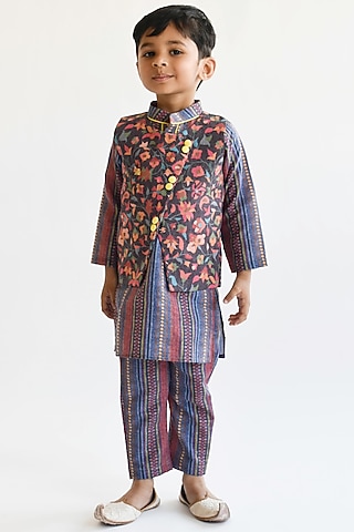 Purple Cotton Kurta Set With Bundi Jacket For Boys by Fayon Kids