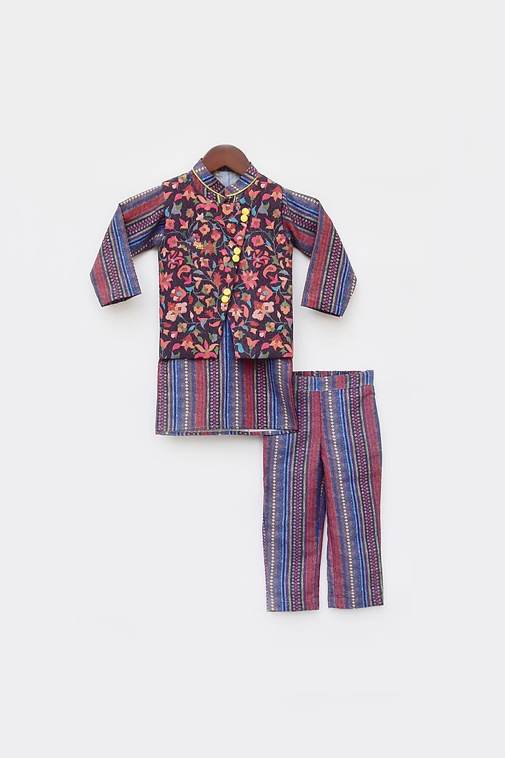 Purple Cotton Kurta Set With Bundi Jacket For Boys by Fayon Kids at Pernia's Pop Up Shop