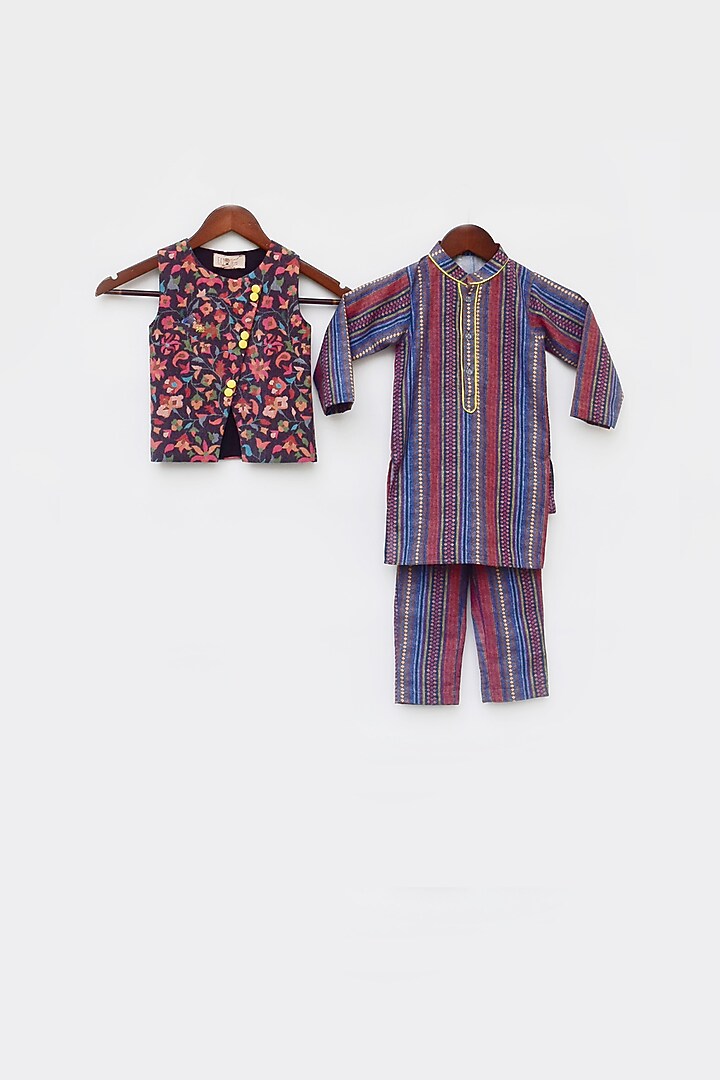 Purple Cotton Kurta Set With Bundi Jacket For Boys by Fayon Kids at Pernia's Pop Up Shop
