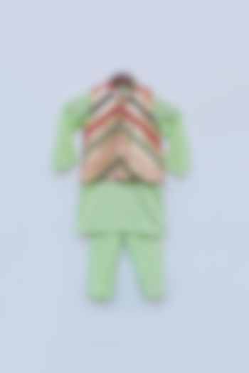 Green Cotton Silk Kurta Set With Bundi Jacket For Boys by Fayon Kids