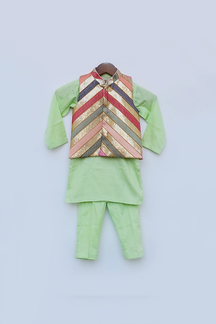 Green Cotton Silk Kurta Set With Bundi Jacket For Boys by Fayon Kids at Pernia's Pop Up Shop