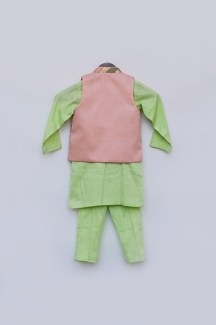 Green Cotton Silk Bundi Jacket Set For Boys by Fayon Kids at Pernia's Pop Up Shop