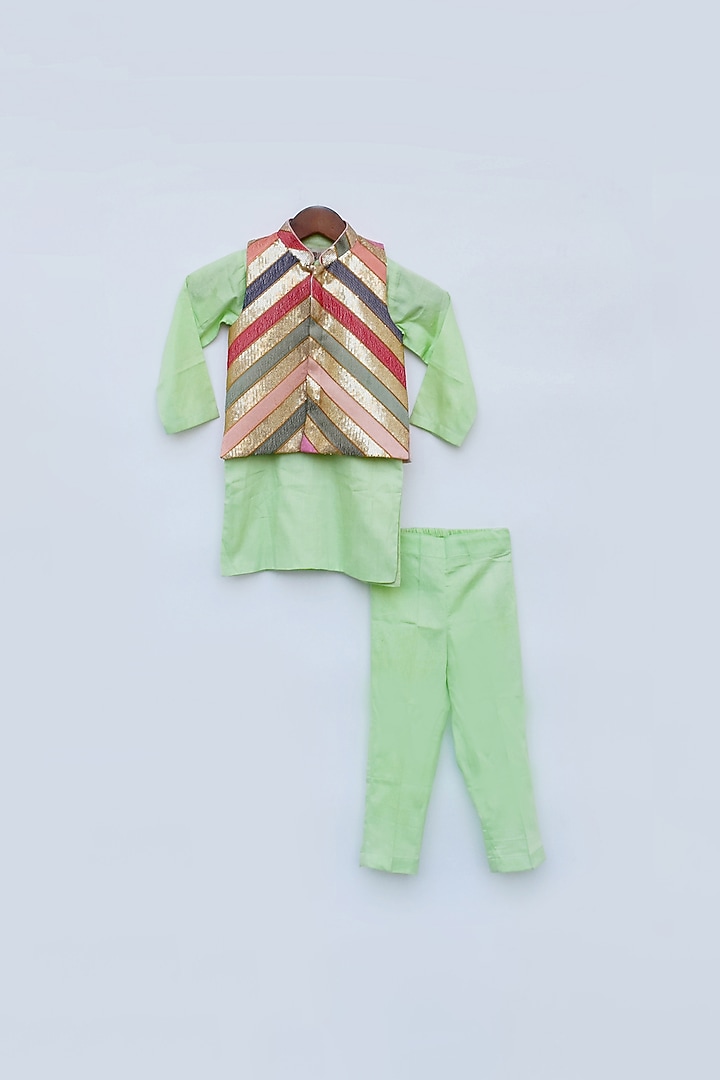 Green Cotton Silk Bundi Jacket Set For Boys by Fayon Kids at Pernia's Pop Up Shop