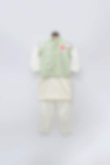 Off-White Cotton Silk Kurta Set With Bundi Jacket For Boys by Fayon Kids