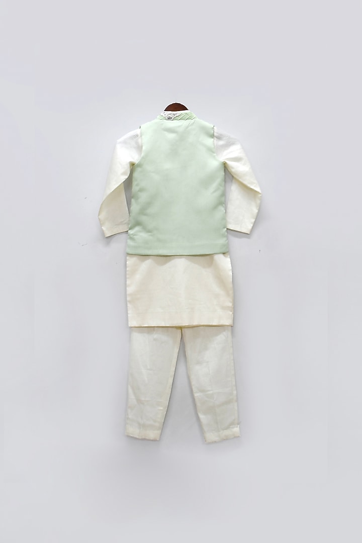 Green Cotton Silk Gota Embroidered Bundi Jacket Set For Boys by Fayon Kids at Pernia's Pop Up Shop