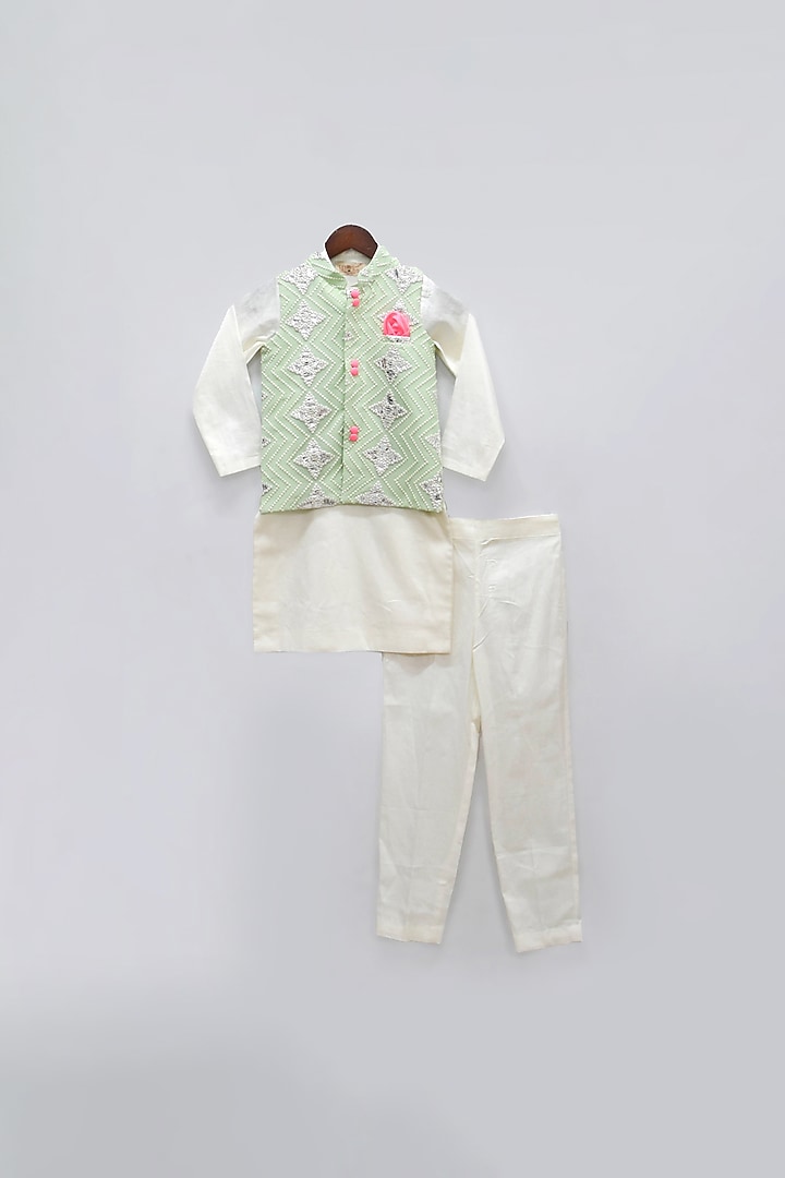 Green Cotton Silk Gota Embroidered Bundi Jacket Set For Boys by Fayon Kids at Pernia's Pop Up Shop