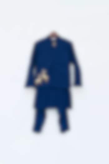 Navy Blue Cotton Kurta Set With Bundi Jacket For Boys by Fayon Kids at Pernia's Pop Up Shop