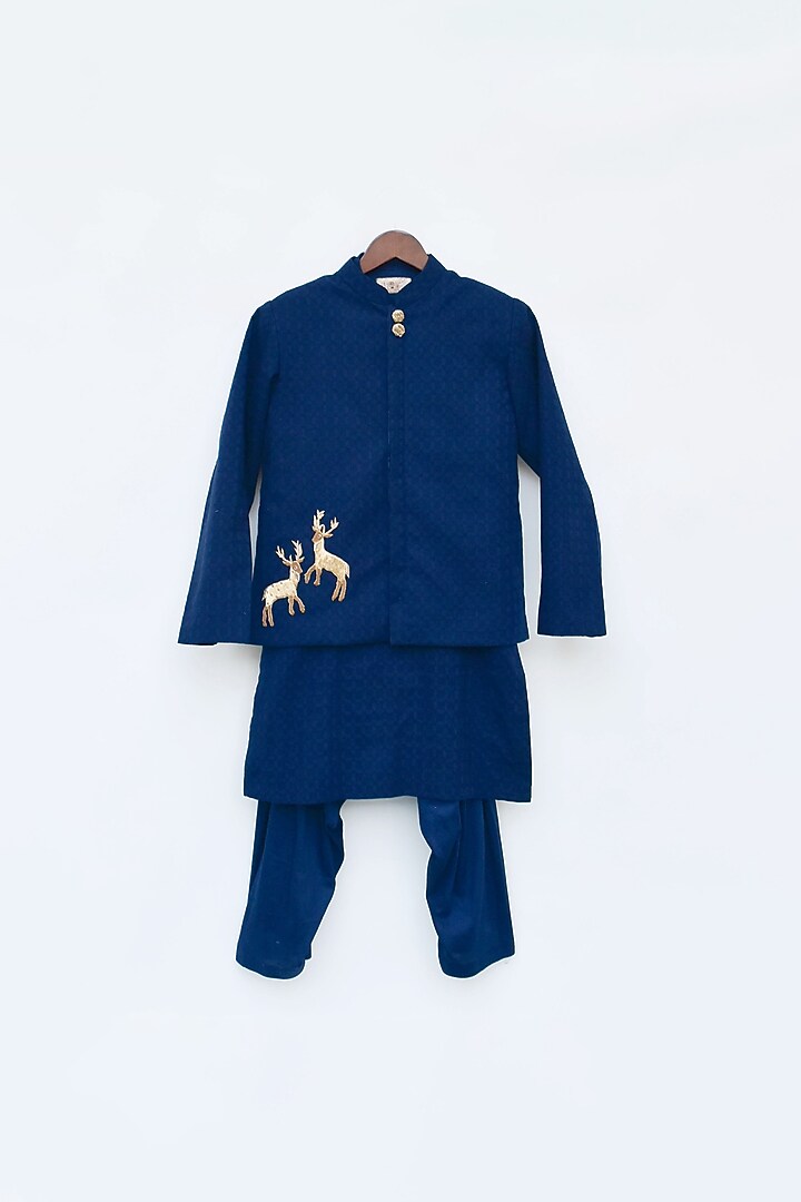 Navy Blue Cotton Kurta Set With Bundi Jacket For Boys by Fayon Kids at Pernia's Pop Up Shop
