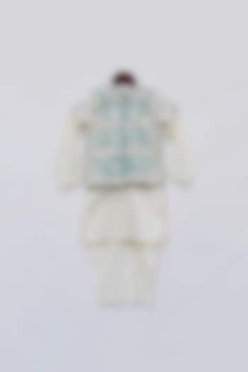 Off-White Cotton Silk Kurta Set With Blue Bundi Jacket For Boys by Fayon Kids