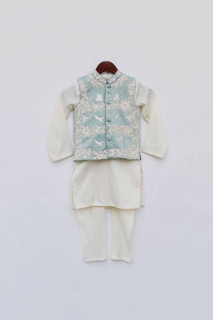 Off-White Cotton Silk Kurta Set With Blue Bundi Jacket For Boys by Fayon Kids
