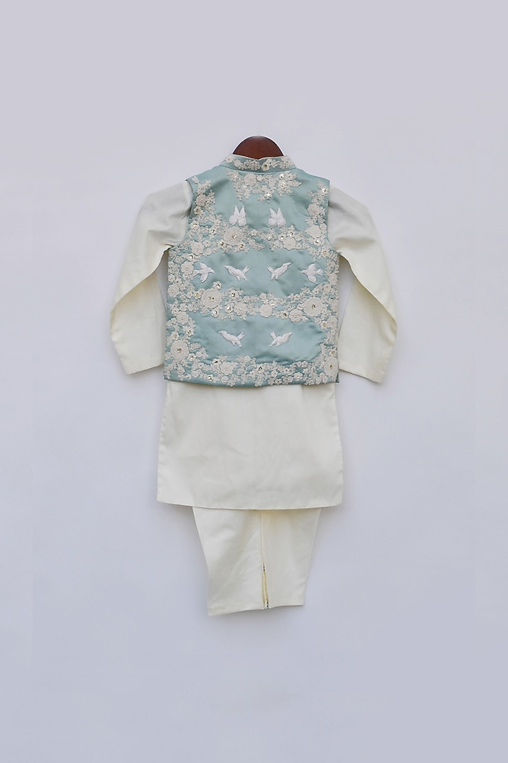 Blue Cotton Silk Embroidered Bundi Jacket Set For Boys by Fayon Kids at Pernia's Pop Up Shop