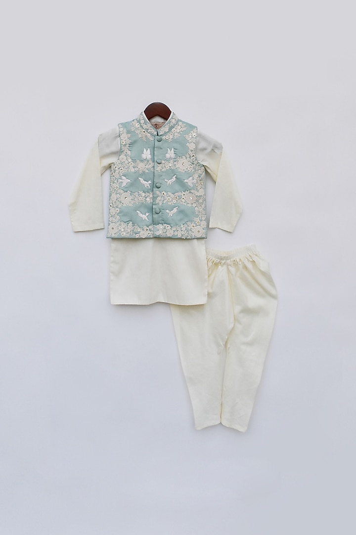 Blue Cotton Silk Embroidered Bundi Jacket Set For Boys by Fayon Kids at Pernia's Pop Up Shop