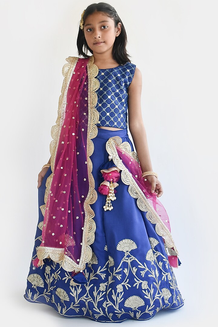 Blue Silk Embroidered Lehenga Set For Girls by Fayon Kids at Pernia's Pop Up Shop