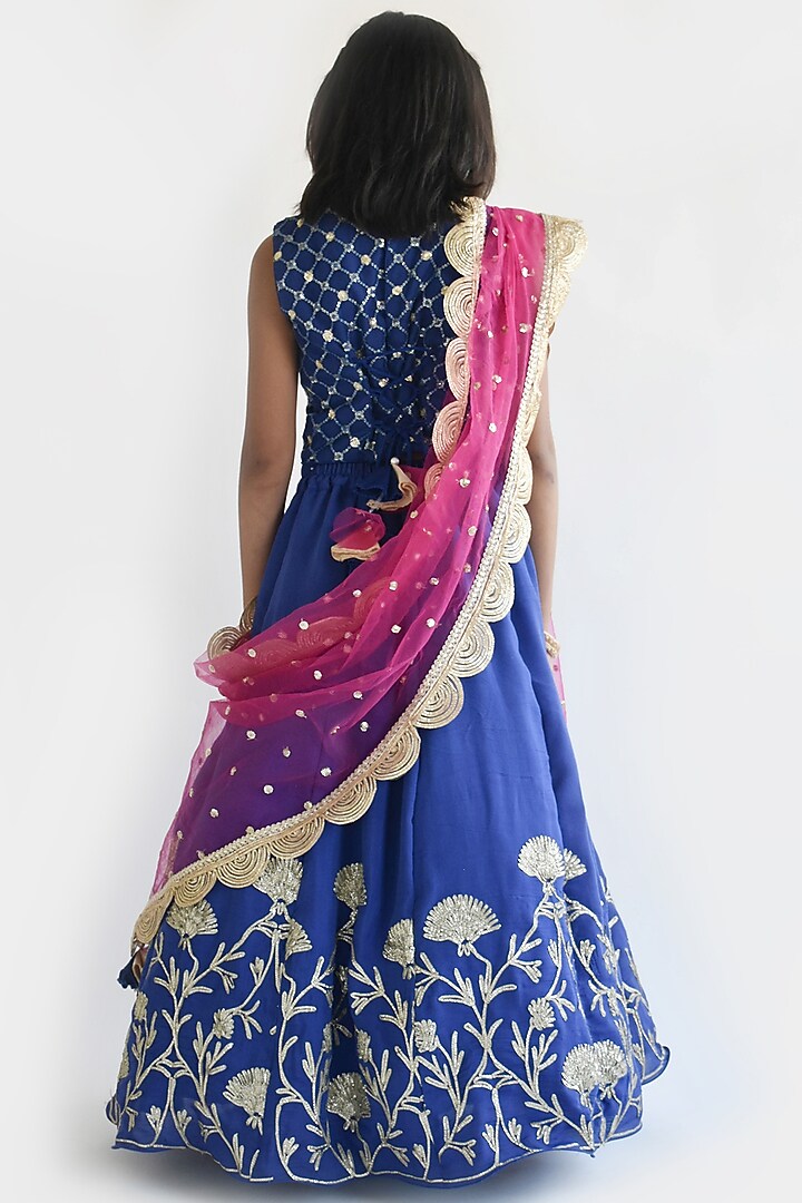 Blue Silk Embroidered Lehenga Set For Girls by Fayon Kids at Pernia's Pop Up Shop