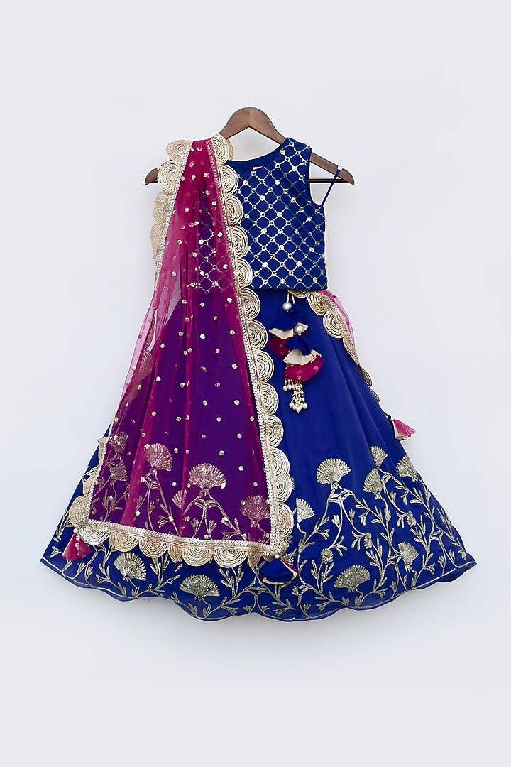 Blue Silk Embroidered Lehenga Set For Girls by Fayon Kids at Pernia's Pop Up Shop