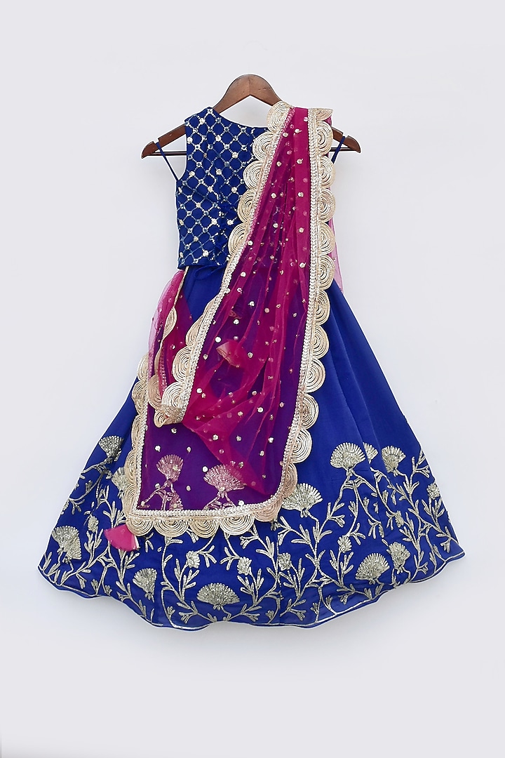 Blue Embroidered Lehenga Set For Girls by Fayon Kids