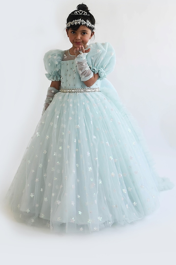 Blue Net Gown For Girls by Fayon Kids