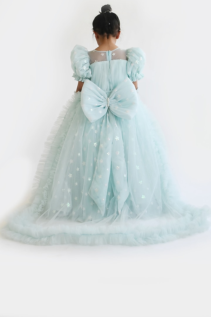 Blue Net Frilled Gown For Girls by Fayon Kids at Pernia's Pop Up Shop