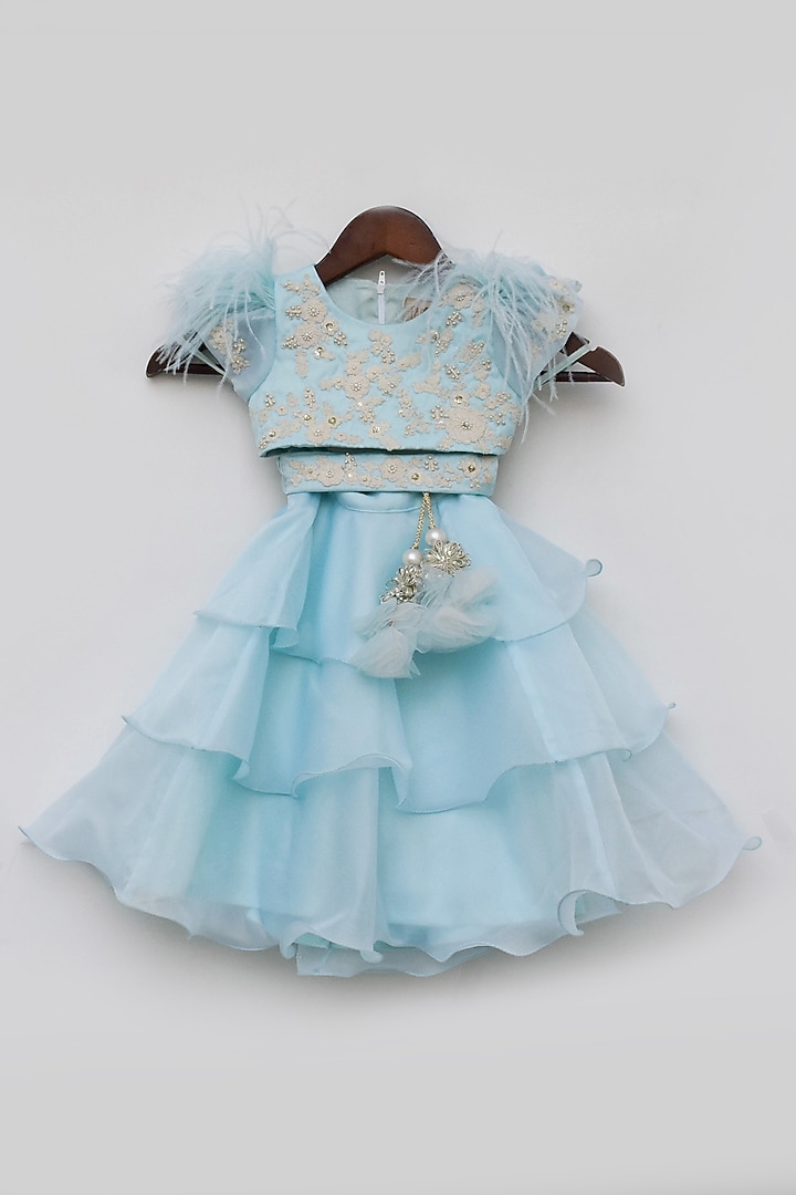Blue Organza Embroidered Lehenga Set For Girls by Fayon Kids at Pernia's Pop Up Shop