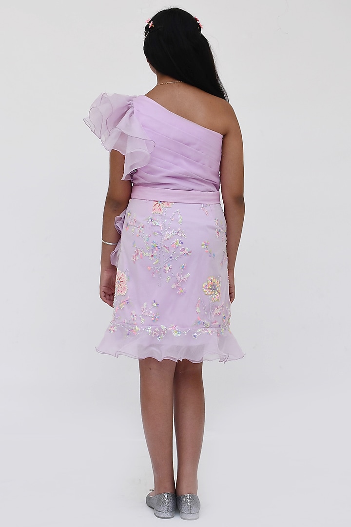 Lilac Organza Sequins Embroidered One-Shoulder Dress For Girls by Fayon Kids at Pernia's Pop Up Shop
