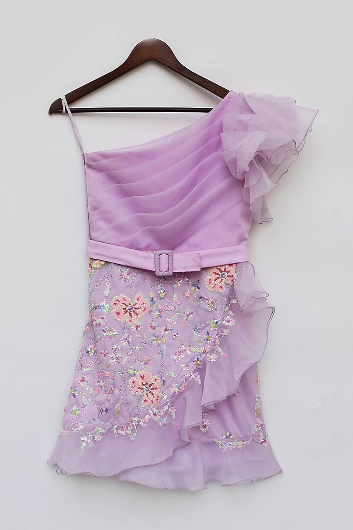 Lilac Organza Sequins Embroidered One-Shoulder Dress For Girls by Fayon Kids at Pernia's Pop Up Shop