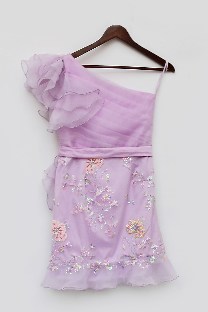 Lilac Organza Sequins Embroidered One-Shoulder Dress For Girls by Fayon Kids at Pernia's Pop Up Shop